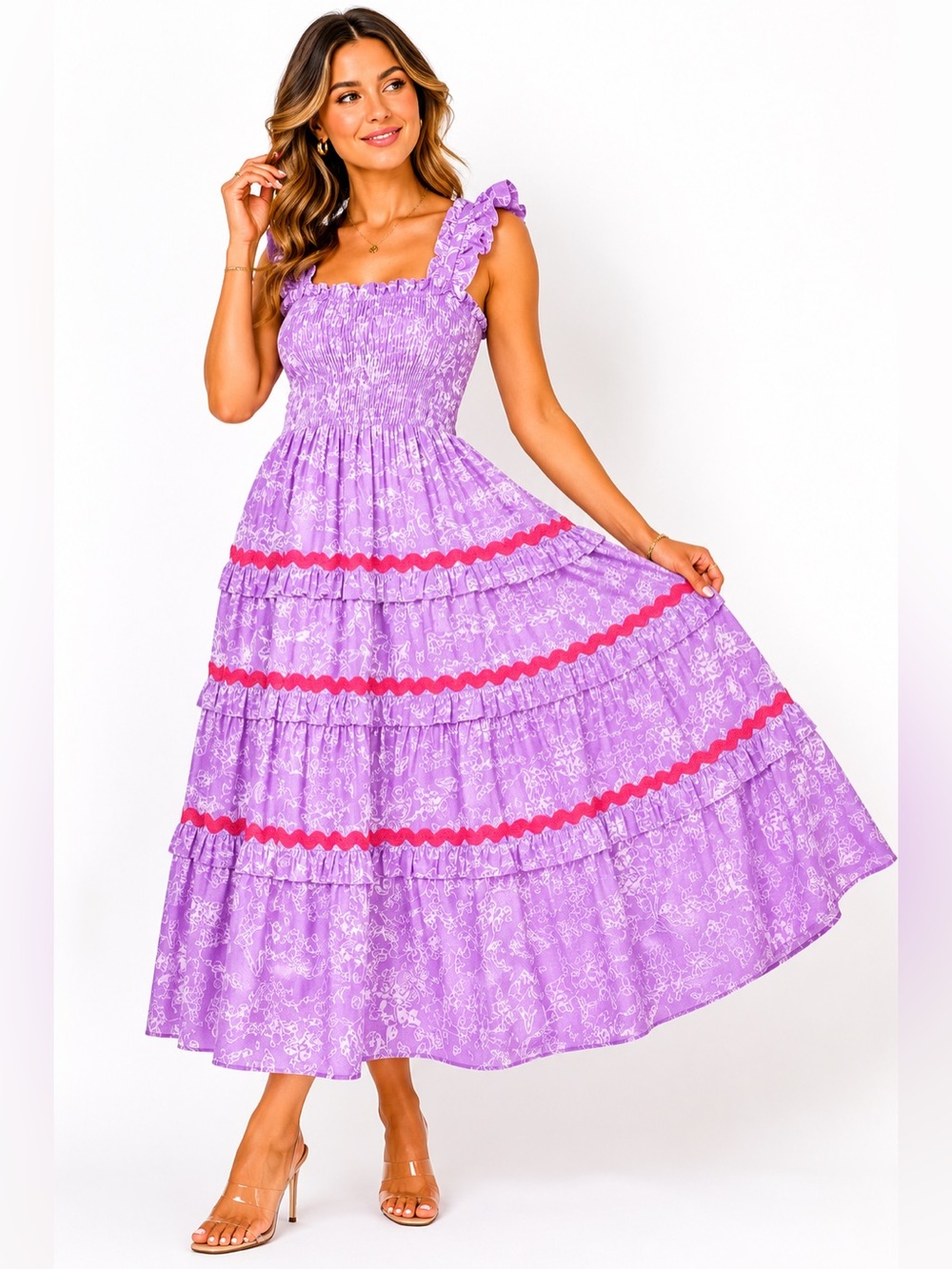 J.Marie Lavender Floral Smocked Tiered Midi Dress Pink Ric Rac Trim S Lined